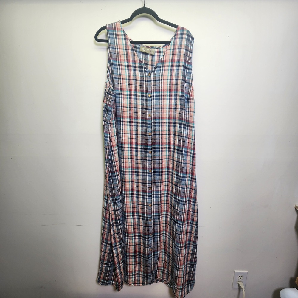 Naturals D &Co Linen Viscose Plaid Button Front Jumper Maxi Dress 2XP Sleeveless